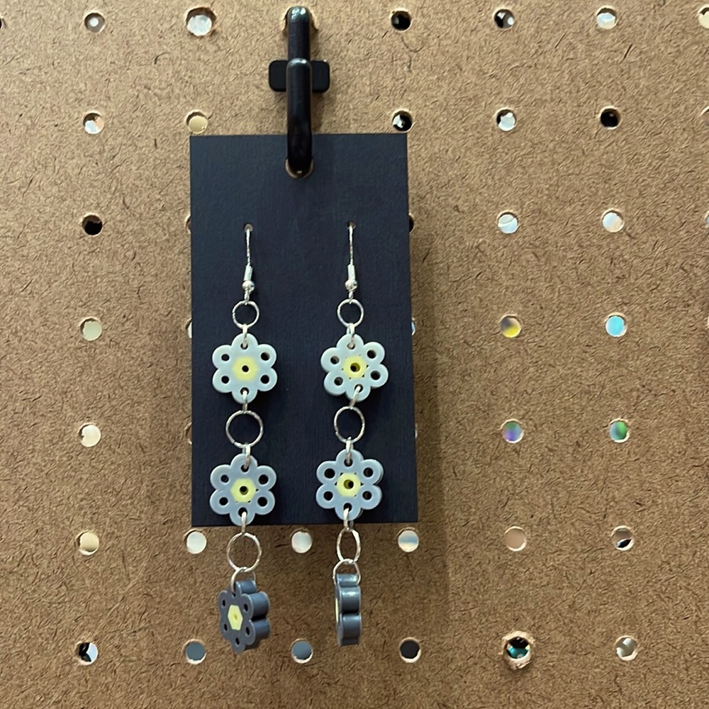 Grey Flower Dangled Perler Bead Earrings